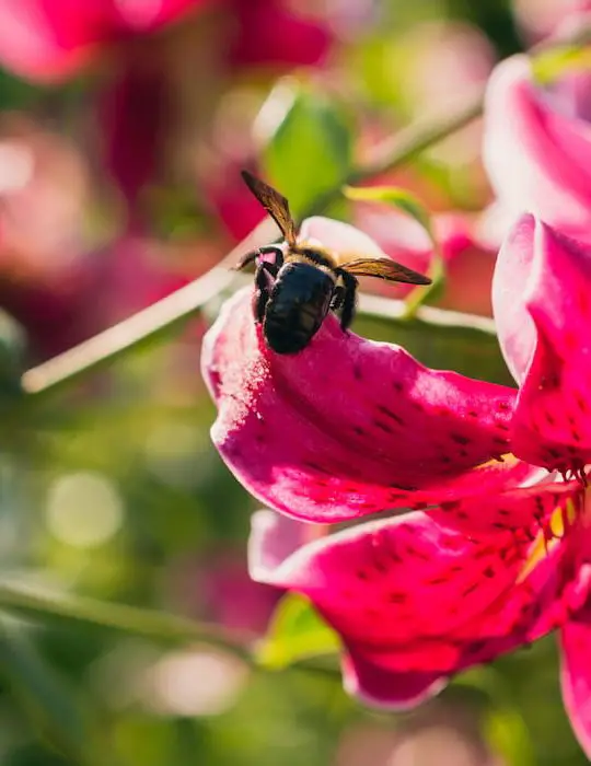 pink lily flower and a bumble bee