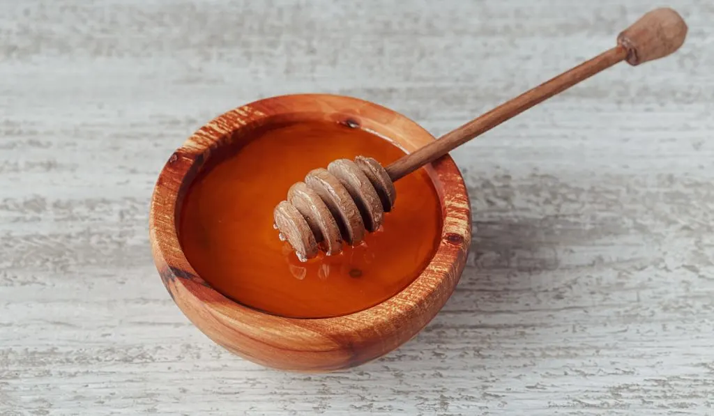 Honey in wooden bowl with honey dipper
