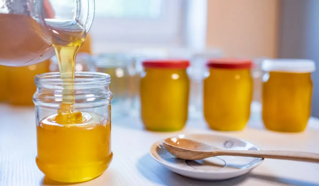 Pours honey into transparent jars on a white table 