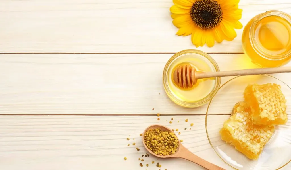 Sunflower with honey, Honeycomb and honey dipper on light wooden table. 