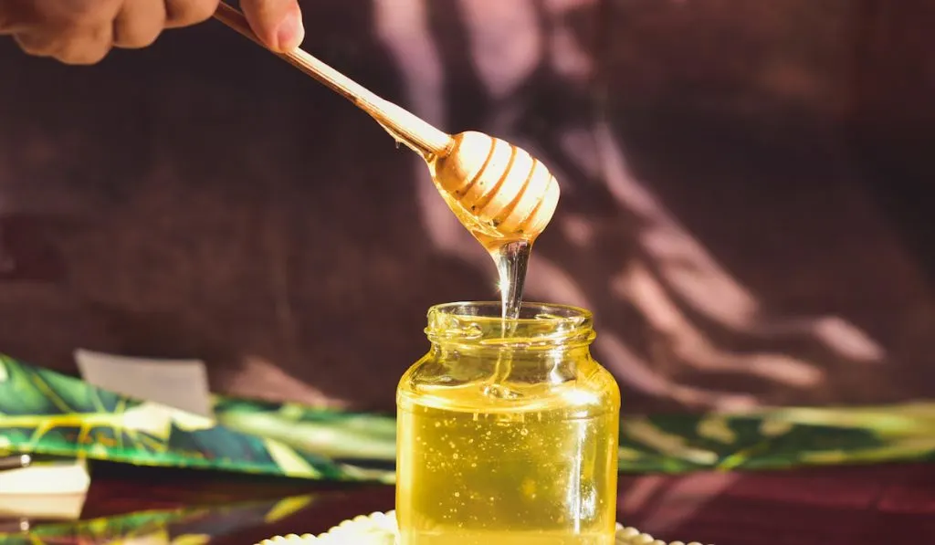 organic honey in a jar and honey stick