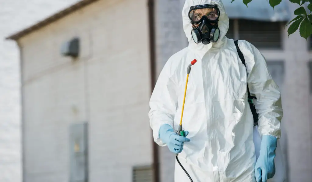 pest control worker in respirator holding sprayer
